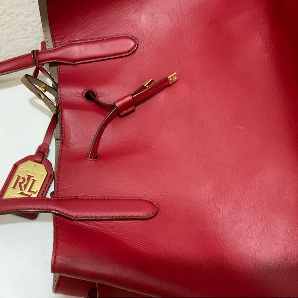 Ralph Lauren Red Leather Tote drawstring open top - Picture 7 of 11
